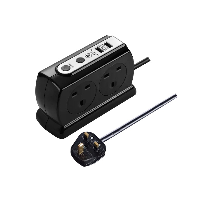 4 Gang 2 Metre Compact Extension Lead with 2 USB-A Charging Ports
