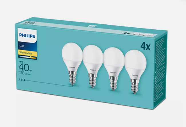 PHILIPS LED 5.5W/40W GOLFBALL E14 WW FR ND 4-PACK