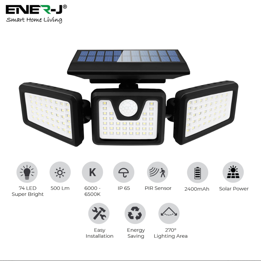 Ener-J Solar Light c/w Sensor , 3 Heads , 6.5W Rem
