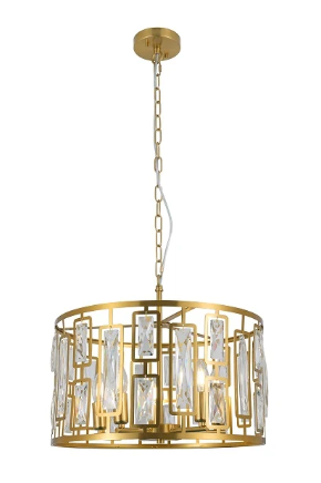 Decorative 5 Light Pendant in Warm Brass and Crystal Finish.
